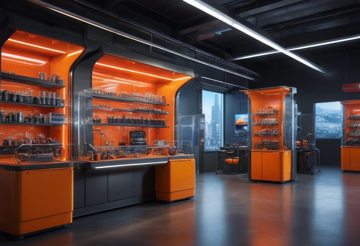 A dynamic scene showcasing a futuristic workshop filled with advanced lubrication technology and innovative machinery. Include visual elements like shiny gears in motion, high-tech lubricants in vibrant containers, and lifestyle elements such as ergonomically designed tools and gadgets. The workspace should blend industrial and modern aesthetics with sleek lines and glowing effects. super-realistic. vibrant colors. 3D.