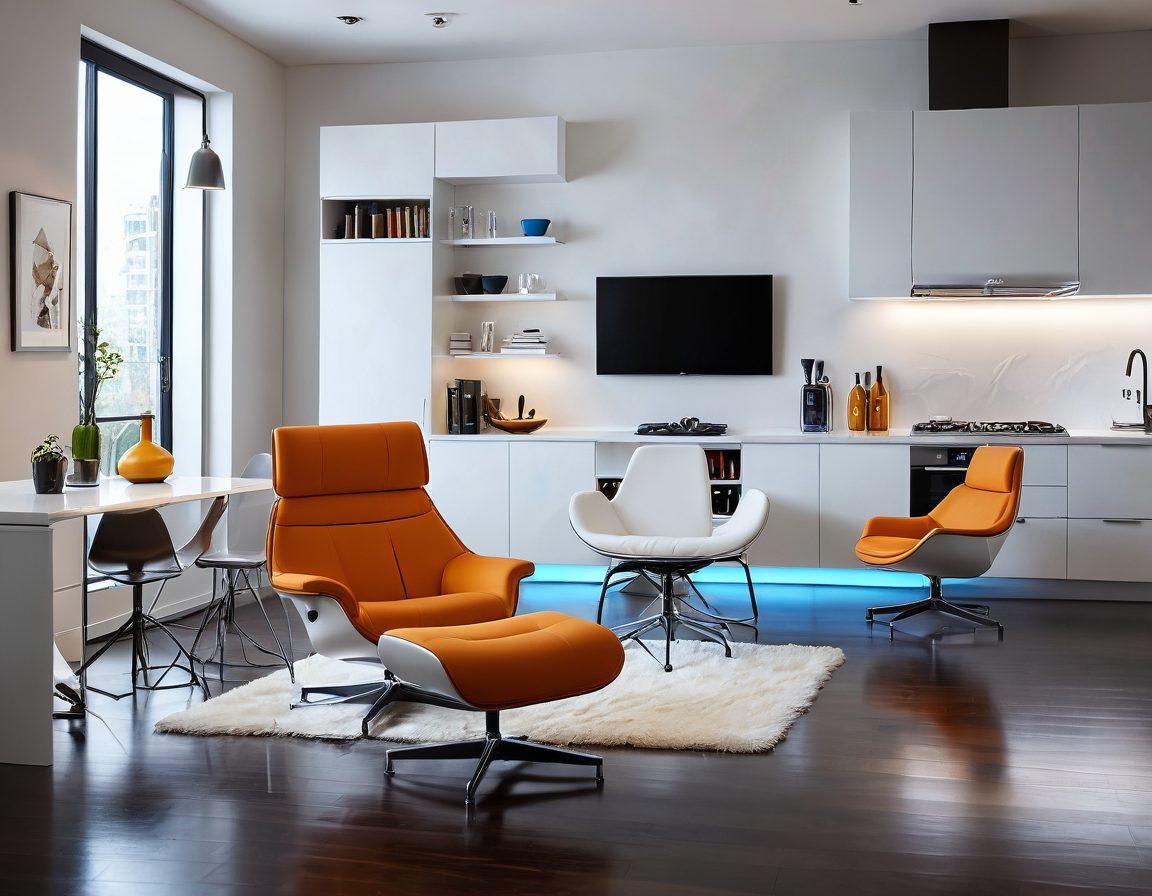 A sleek, modern living room showcasing advanced lubrication technology integrated into everyday gadgets, such as a smooth-operating ergonomic chair and a futuristic kitchen appliance. Subtle visual elements like gears and oil drops floating around, symbolizing smooth movement. Warm, inviting lighting enhances comfort and tech harmony. bokeh effect creating a cozy atmosphere. super-realistic. vibrant colors. minimalistic design.